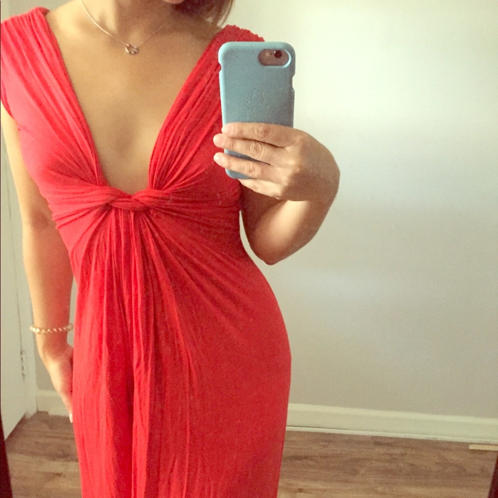Low cut red dress